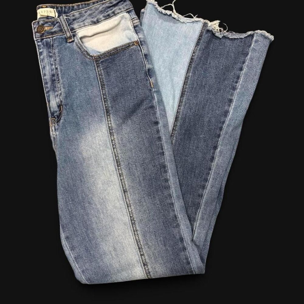 Boho Indie High Rise Flare Jeans Harper Heritage Size 29 Color Block Raw Hem